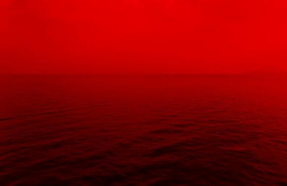 Red ocean at dusk with gentle waves and a glowing red sky stretching across the horizon.