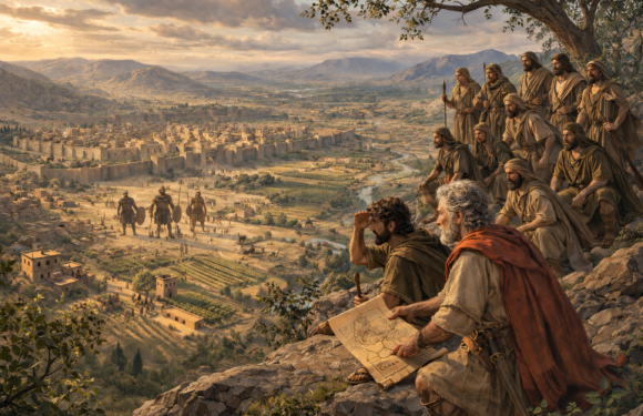Ancient men in robes stand on a rocky overlook above a vast walled city and valley, holding maps and pointing under warm sunset light.