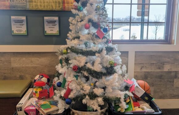 A white artificial Christmas tree with a large blue bow on top, decorated with red, blue, and green ornaments, flanked by two black bins filled with toys.