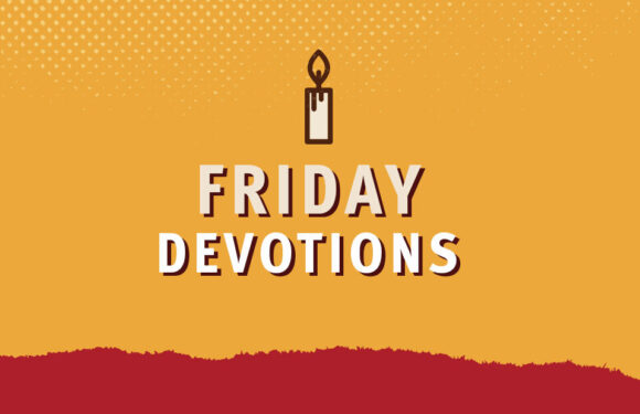 A graphic with a candle illustration at the top, and the text "Friday Devotions" in large, bold letters on an orange background with a red torn edge at the bottom.