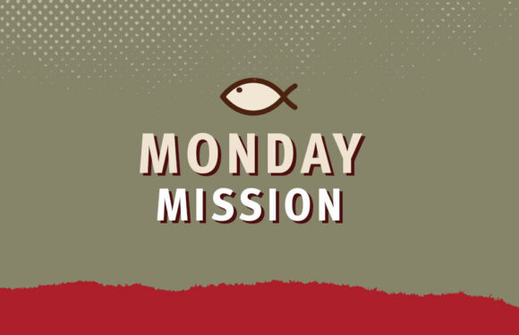 Minimal graphic with a fish symbol and bold text “MONDAY MISSION” on a muted green background with a red bottom stripe