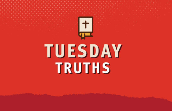 Red background with a small book icon featuring a cross and a ribbon at the top, and the text "Tuesday Truths" in bold, white, 3D-style letters.