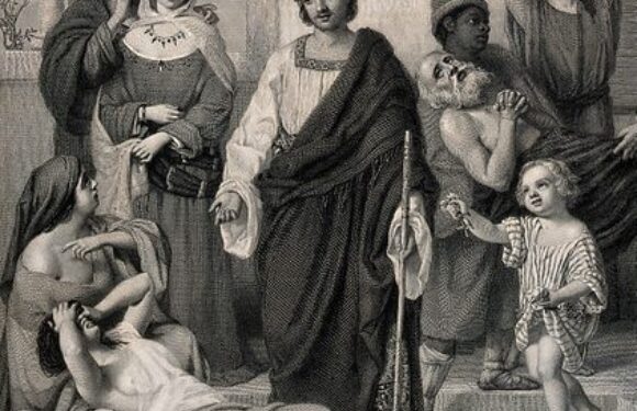 A group of people, including women and children, gathered around a central figure gesturing with her hands, in an old black and white scene with classical attire.