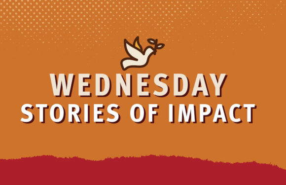 A graphic with an orange background and a dove holding an olive branch at the top. The text reads "Wednesday Stories of Impact," with a red torn paper design at the bottom.