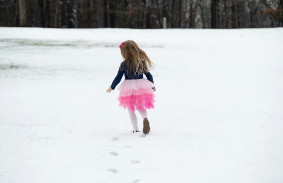A young girl with long hair in a pink bow, wearing a dark top, pink tutu, and white tights, walks away across snow with a forest in the background.