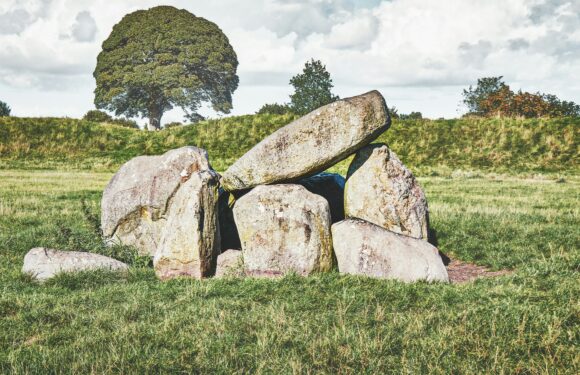 Large upright stone circle megaliths on a grassy hill, with trees and cloudy sky in the background.