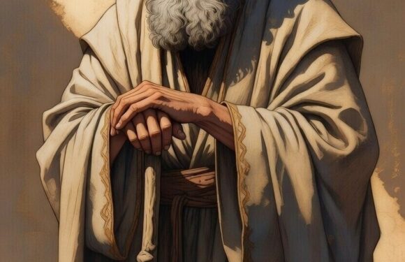 An elderly man with a long white beard, wearing traditional robes and a head covering, bowing his head with his hands resting on a walking stick, against a neutral background.