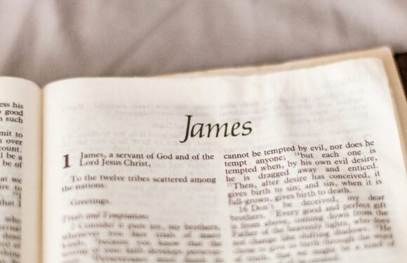 Open book page with the chapter title “James” in bold serif font, surrounded by dense printed text.