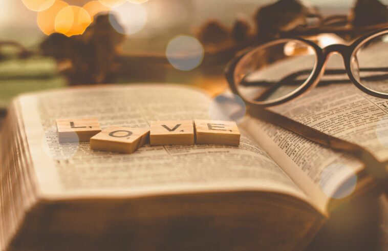 Sunlit open book in foreground with wooden blocks on its pages and eyeglasses resting nearby, blurred outdoor background bokeh lights.