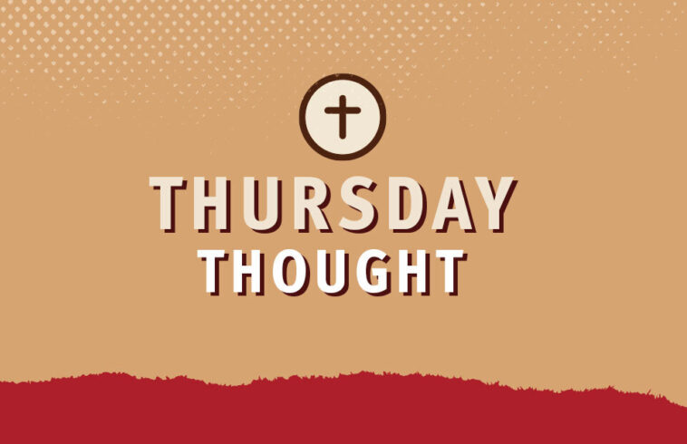 A beige background features a cross icon at the top, with "Thursday Thought" written in bold, shadowed text and a red torn-edge design at the bottom.