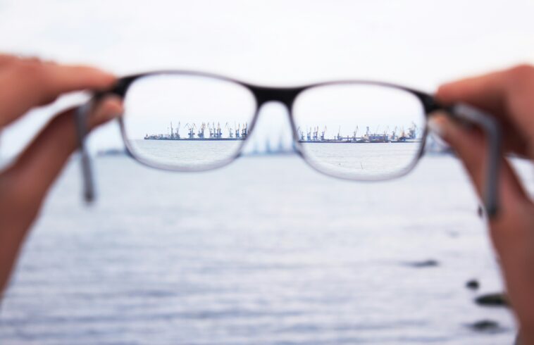 Person holding sunglasses, reflecting a harbor with ships and cranes across calm water, blurred background.