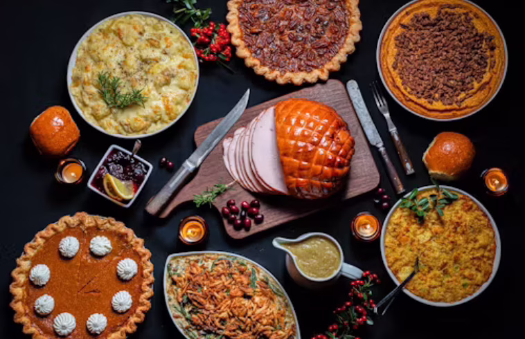 Assorted savory dishes, including pies, casserole, shredded meat, roasted ham, salad, cranberry sauce, and desserts, arranged on a black background with decorative berries and candles.