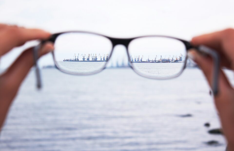 Person holding sunglasses, reflecting a harbor with ships and cranes across calm water, blurred background.
