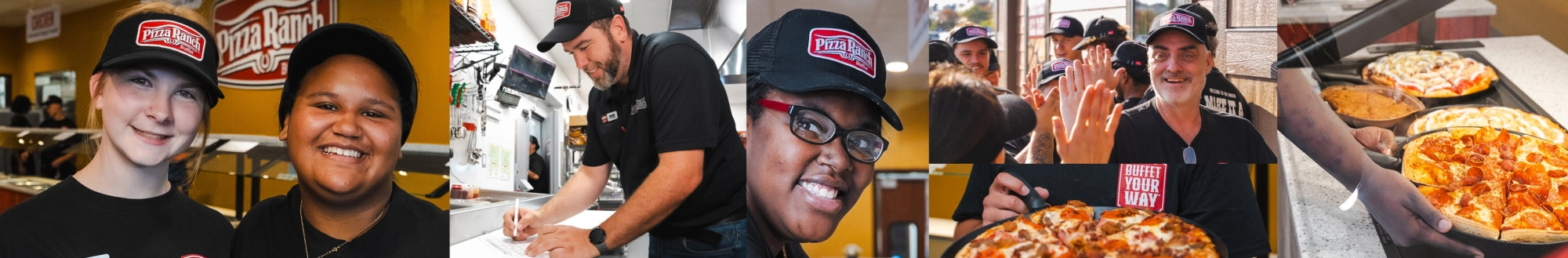 Group of people at a pizza restaurant, some wearing black Pizza Ranch hats, preparing and serving pizza, and interacting happily with customers.