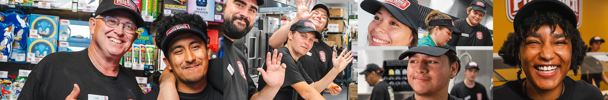A group of diverse employees inside a Pizza Ranch restaurant, all wearing black uniforms and caps, smiling and engaging with each other in a lively atmosphere.
