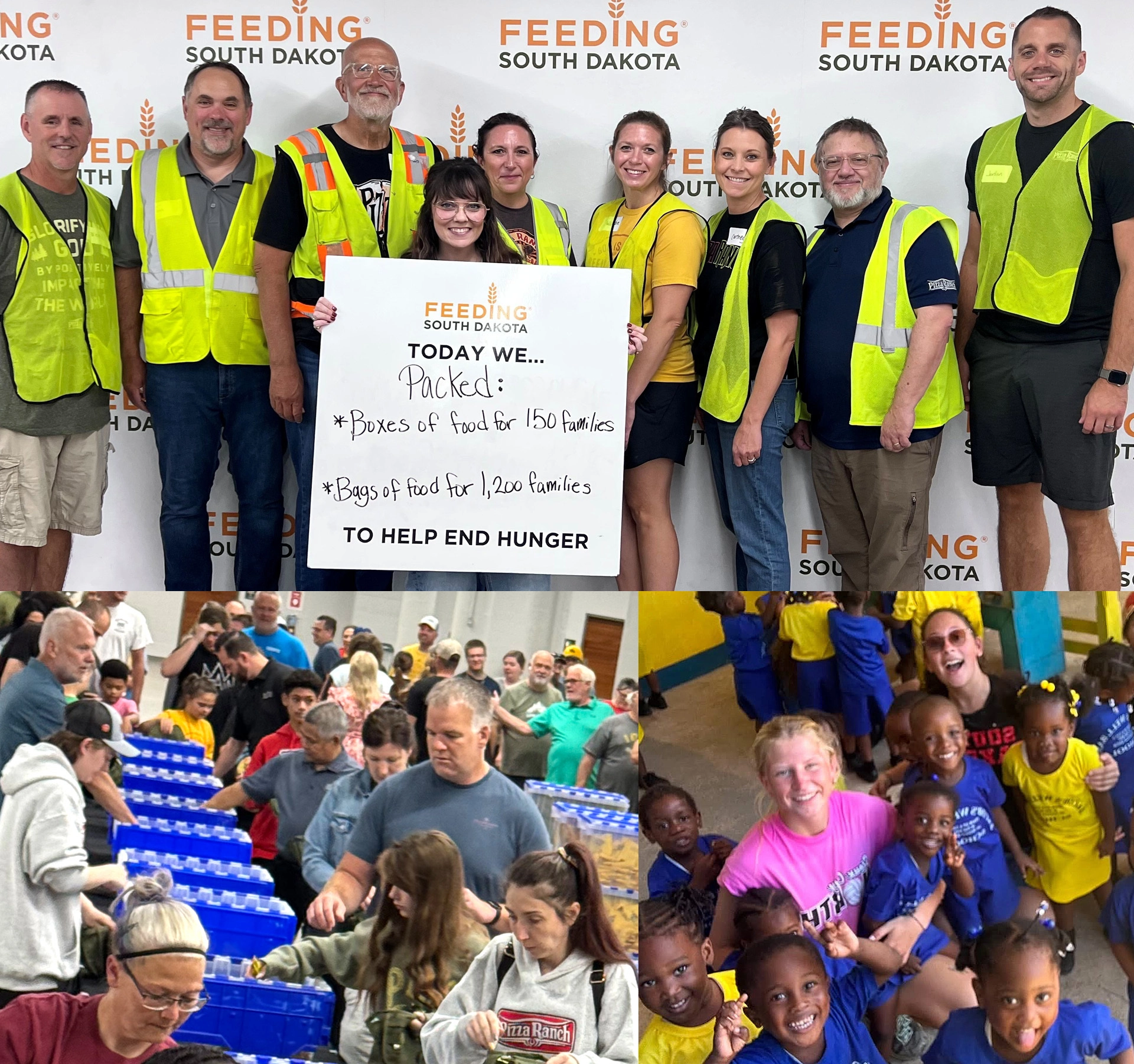 A group of volunteers wearing yellow safety vests is posing with a large sign that says they packed food for 150 and 1200 families to help end hunger, at a Feeding South Dakota event.