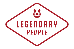 A red diamond-shaped logo with a stylized figure at the top, featuring the text "Legendary People" in bold red letters inside.