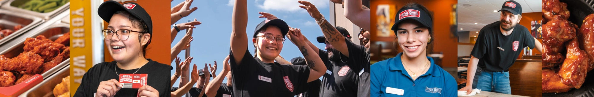 Group of employees cheering and smiling inside a restaurant, next to trays of chicken wings, wearing Pizza Ranch uniforms and caps.