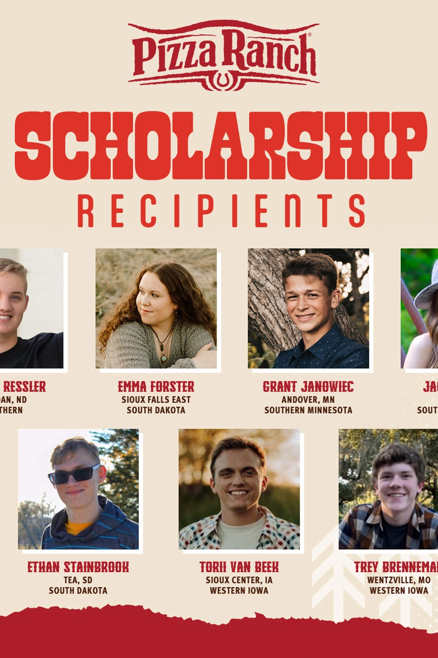Six teenagers smiling, wearing casual clothing, with a beige background and the Pizza Ranch logo at the top, promoting a scholarship program.