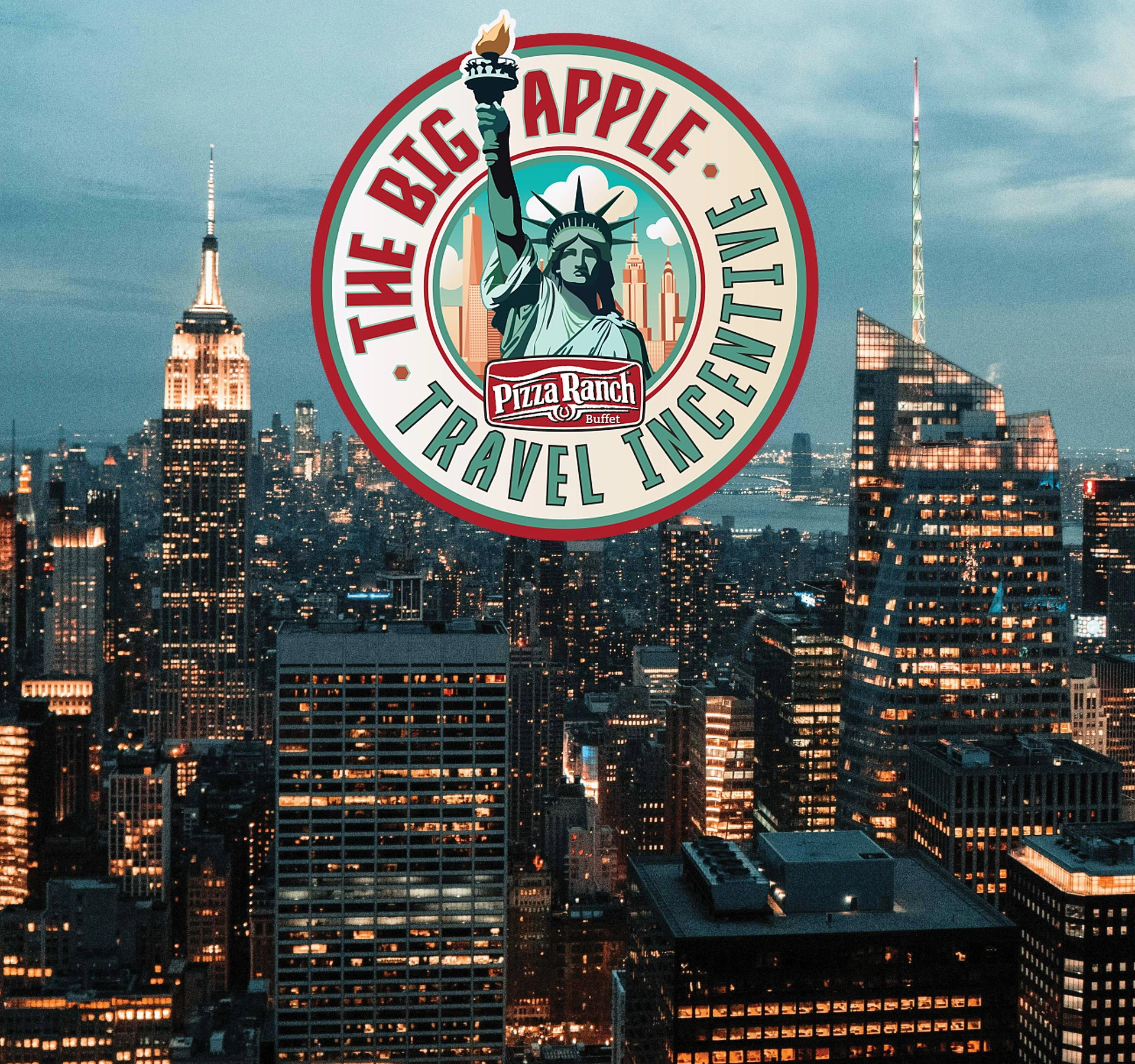 A nighttime city skyline with lit skyscrapers, overlaid with a circular logo featuring the Statue of Liberty holding a torch, text about travel and Pizza Ranch.