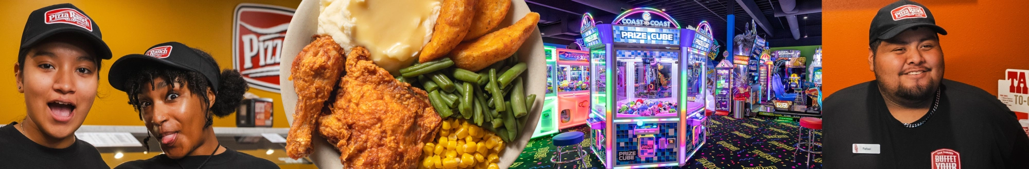 Two employees wearing black uniforms and Pizza Ranch caps, a plate of fried chicken with mashed potatoes, green beans, fries, and corn, and an arcade with colorful games and prize machines.