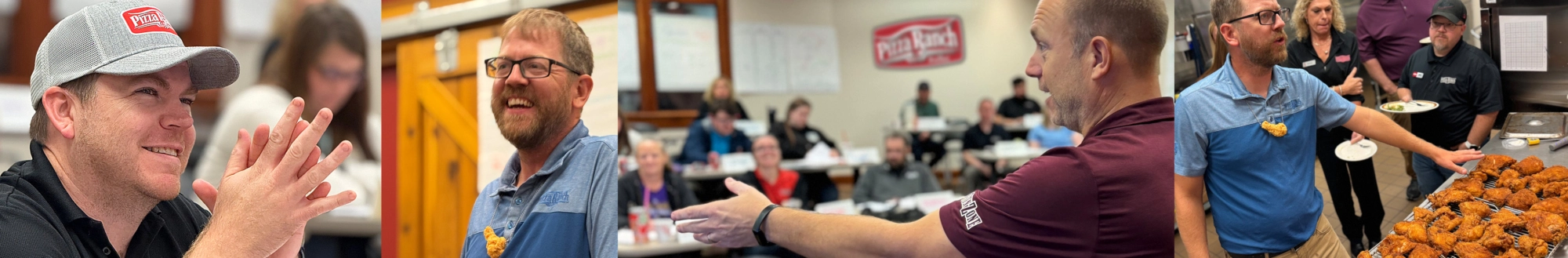 People in uniforms with Pizza Ranch logo, participating in a meeting or training session, some holding plates with food, in a casual indoor setting.
