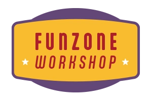 A yellow and purple sign reads "FUNZONE WORKSHOP" with red and purple text, and small star icons on a transparent background.