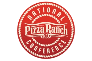 A red circular badge featuring the words "National Conference" around the outer edge and "Pizza Ranch" in the center, with a dotted border around the edge.