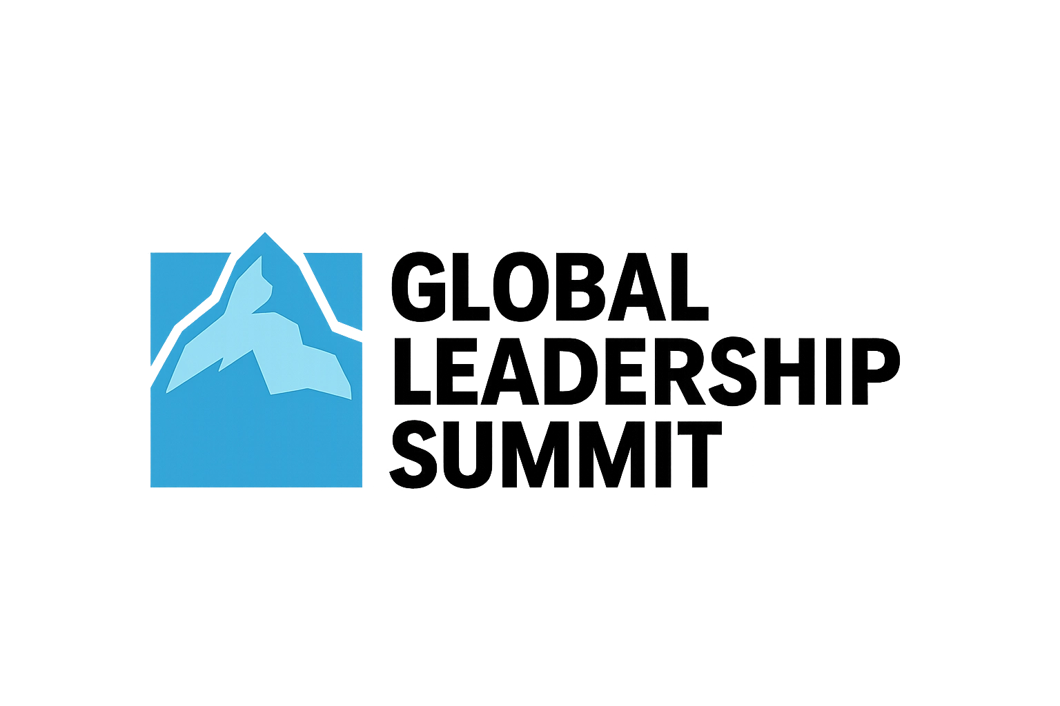 A logo featuring a stylized mountain in shades of blue inside a square, with the text "GLOBAL LEADERSHIP SUMMIT" next to it.